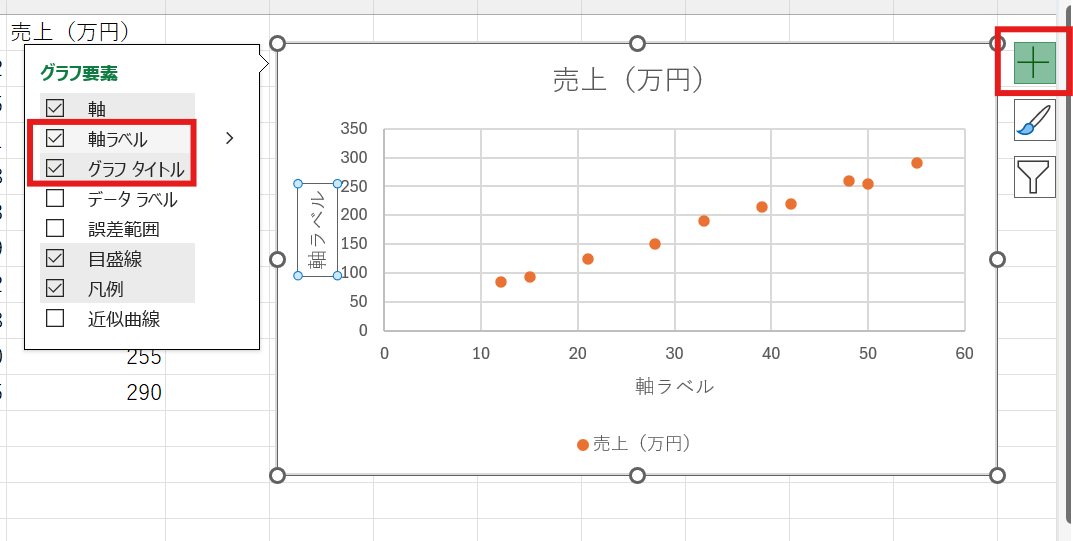 軸ラベルとグラフタイトルにチェックを入れる